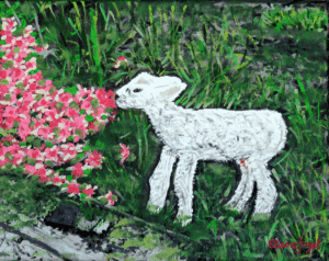 Original painting of a lamb smelling wildflowers