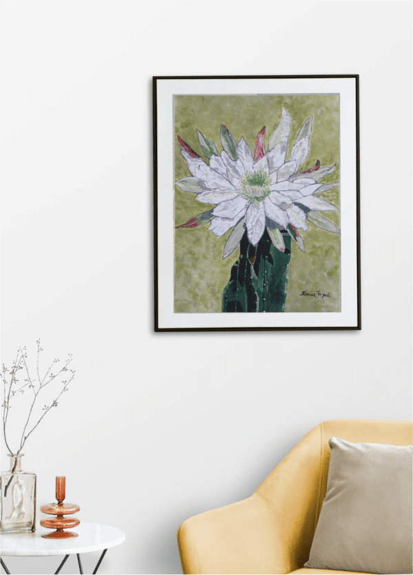 original painting, "Cactus Flower" hanging on a wall