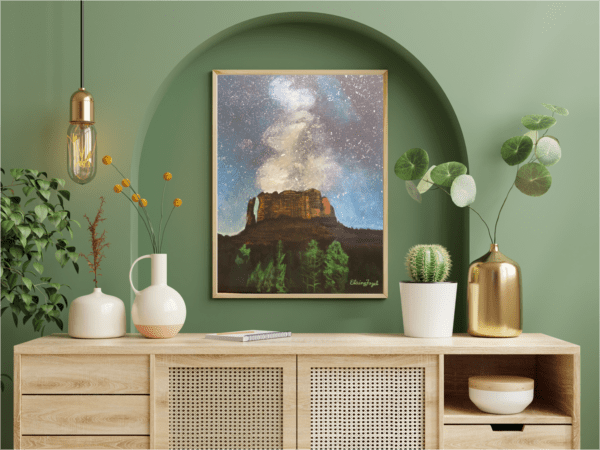 original painting, "Cathedral Night Sky" on a wall