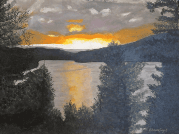 painting of a Quebec lake at sunset by Canadian-American artist, Elaine Fogel