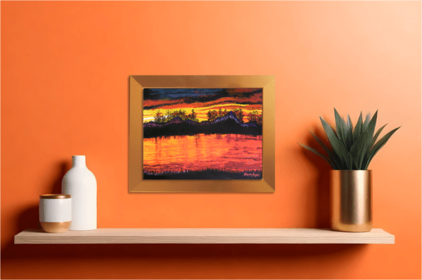 Original painting, "Mountain Sunset" hanging on a wall