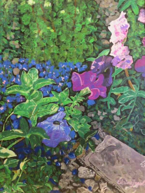 painting of a garden with purple flowers by Canadian-American artist, Elaine Fogel