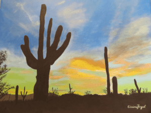 Painting of a saguaro cactus at sunset by Elaine Fogel
