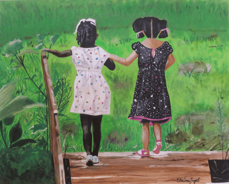 Acrylic painting of two young African-American girsl by Elaine Fogel